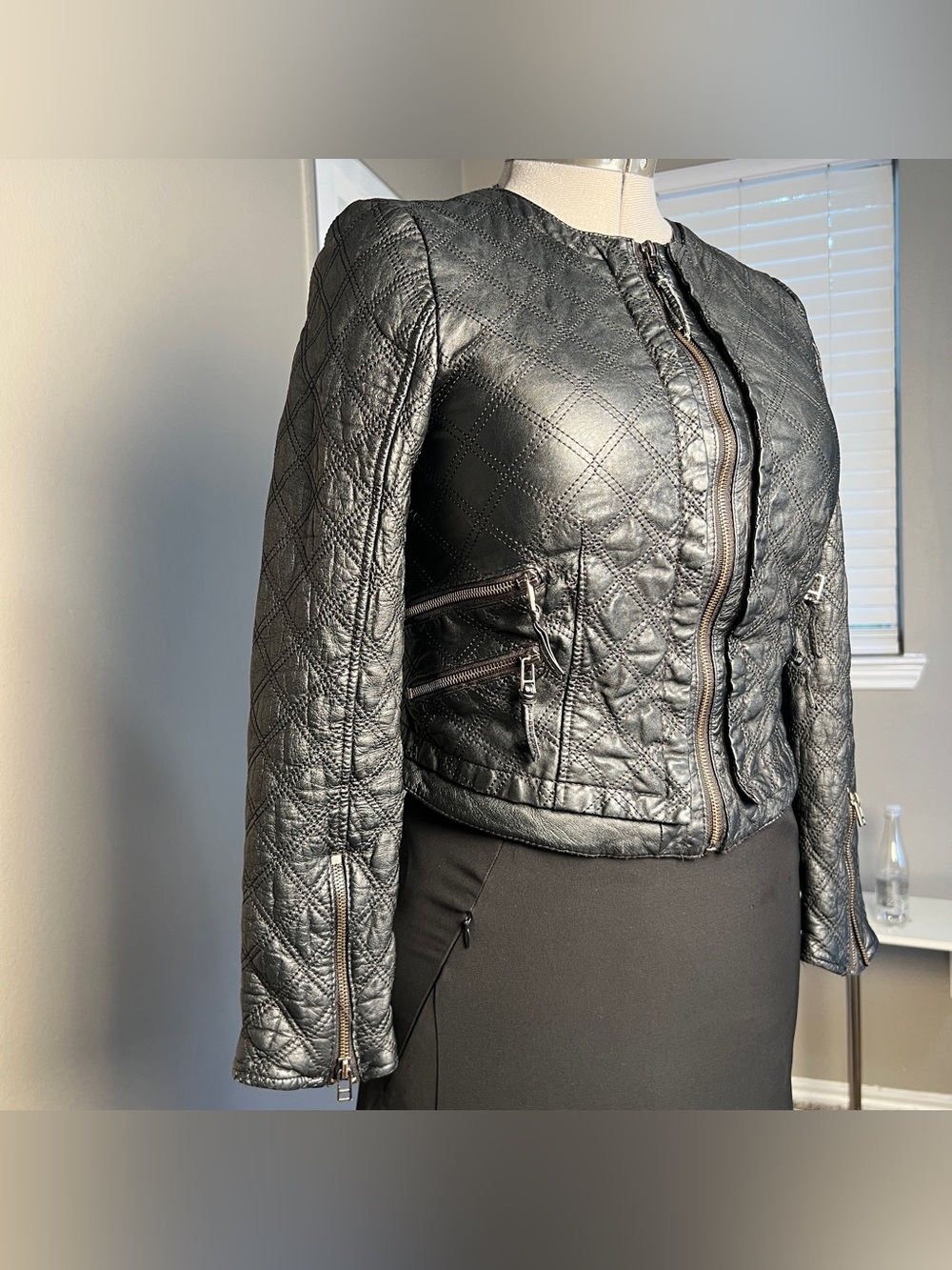 ZARA Basic 100% Lambskin Quilted Leather Moto Jacket L Fits S/M
